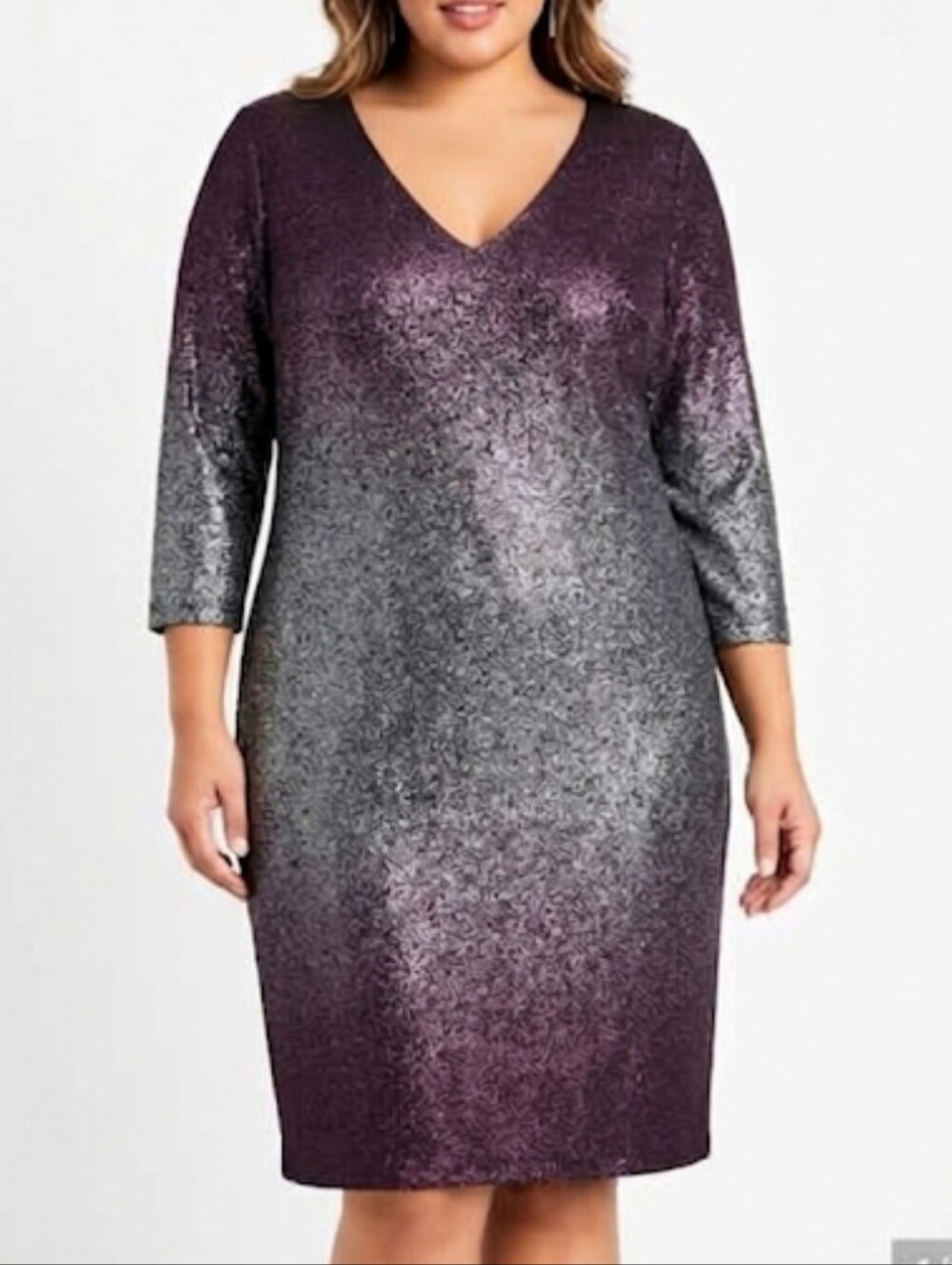 Lane Bryant Metallic Foil Ombre 3/4 Sleeve Dress Stretch Sparkles Size 10/12
